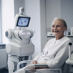 Image showing Dentist, futuristic and portrait of senior woman in clinic for oral hygiene, dental care and orthodontist service. Healthcare, medical technology and ai generated elderly lady for teeth cleaning