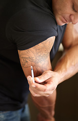 Image showing Fitness, steroids and man with injection for arm, muscle development and needle with banned drugs. Male person, bodybuilder and guy with tattoo, bicep growth and syringe with illegal supplements