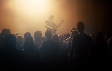 Image showing Dark crowd, musician and people at a concert for a guitar performance, music festival and band. Event, show and an audience enjoying live night entertainment, performer or an artist at a club