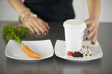 Image showing Woman, healthy plate choice and unhealthy nutrition of coffee cup, cigarettes and pills. Anorexia, eating problem and person diet of caffeine, drugs and smoking or fresh organic carrot decision