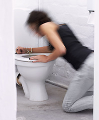 Image showing Toilet, sick and woman vomiting while suffering from anorexia, depression or anxiety. Stress, bathroom and female with body dysmorphia, bulimia or an eating disorder, nausea and mental health problem