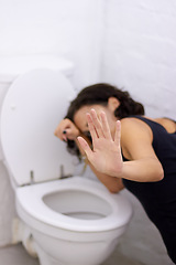 Image showing Bathroom, hand and sick woman on floor suffering from anorexia, depression or anxiety. Stress, toilet and female with body dysmorphia, bulimia or an eating disorder, nausea and mental health problem