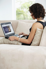 Image showing Young woman, anorexia and laptop reading on diet, health or person working online from living room couch. Computer, body image and peer pressure in media or technology, eating disorder at home