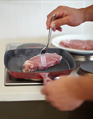 Image showing Hands, steak and pan on stove with man, food preparation and healthy protein for wellness, diet and grill. Cooking, meat and nutrition for lunch, dinner or fine dining for health, lifestyle or beef