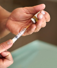 Image showing Filling a syringe, hands and clear liquid injection of testosterone and bottle, steroids and closeup of bodybuilder. Male athlete, grow strong muscles on hormone supplement and vial with needle