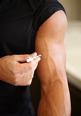 Image showing Hormone injection, steroids and an arm with medicine for health, training and energy for exercise. Strong, testosterone and a male bodybuilder injecting a supplement for fitness goals and muscle