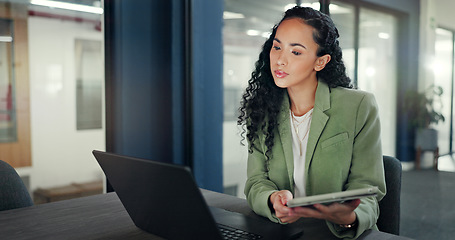 Image showing Reading tablet report, laptop and woman thinking of financial portfolio review, stock market feedback or investment. Forex, data and African trader idea for NFT, bitcoin or crypto trading inspiration