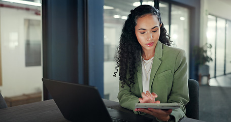 Image showing Reading tablet report, laptop and woman thinking of financial portfolio review, stock market feedback or investment. Forex, data and African trader idea for NFT, bitcoin or crypto trading inspiration