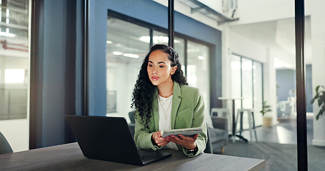 Image showing Reading tablet report, laptop and woman thinking of financial portfolio review, stock market feedback or investment. Forex, data and African trader idea for NFT, bitcoin or crypto trading inspiration