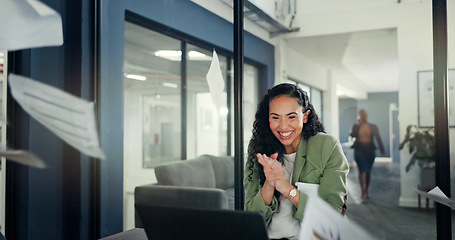 Image showing Laptop, celebration or happy woman throw documents to celebrate stock market success, revenue or investment profit. Forex, finance economy or African agent applause for NFT, bitcoin or crypto trading