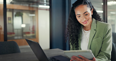 Image showing Office laptop, tablet and happy woman reading financial portfolio, stock market review or investment feedback. Forex economy, trading or African trader smile for NFT, bitcoin or crypto revenue report