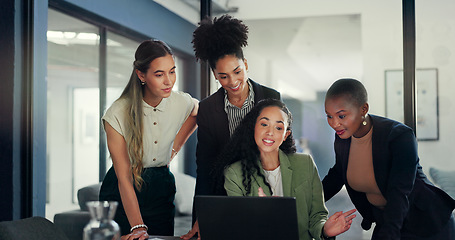 Image showing Laptop, diversity group and talking women review financial portfolio, stock market feedback or bitcoin investment. Crypto finance economy, forex management team or trader collaboration on NFT trading