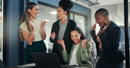 Image showing Business presentation, crowd and applause in a office meeting feeling happy about success. Company growth, diversity and creative marketing team together in audience with happiness from strategy