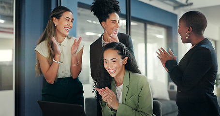 Image showing Applause, laptop or women high five to celebrate stock market success, revenue or investment profit. Forex, finance economy or diversity trader team excited for NFT, bitcoin or crypto trading growth