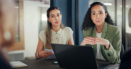 Image showing Laptop, group collaboration and diversity women brainstorming financial growth, stock market or bitcoin investment. Crypto finance economy, forex management team and trader discussion on NFT trading