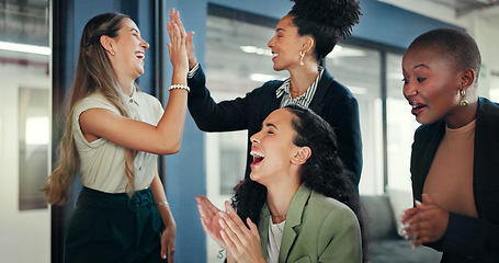 Image showing Applause, laptop or women high five to celebrate stock market success, revenue or investment profit. Forex, finance economy or diversity trader team excited for NFT, bitcoin or crypto trading growth