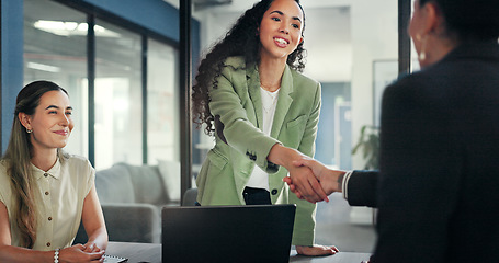 Image showing Business applause, acquisition handshake and people celebrate investment, b2b contract deal or merger success. Client negotiation meeting, hand shake and group excited for women partnership agreement