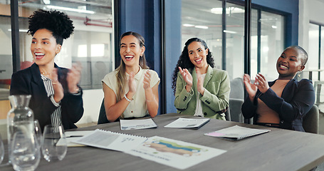 Image showing Business presentation, crowd and applause in a office meeting feeling happy about success. Company growth, diversity and creative marketing team together in audience with happiness from strategy