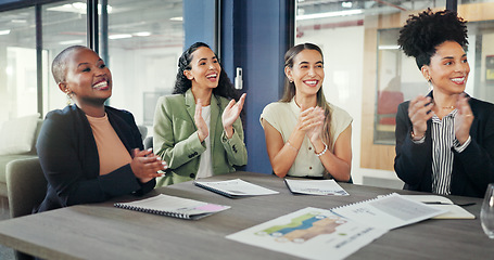 Image showing Business presentation, crowd and applause in a office meeting feeling happy about success. Company growth, diversity and creative marketing team together in audience with happiness from strategy