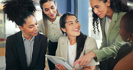 Image showing Laptop, diversity group and talking women review financial portfolio, stock market feedback or bitcoin investment. Crypto finance economy, forex management team or trader collaboration on NFT trading