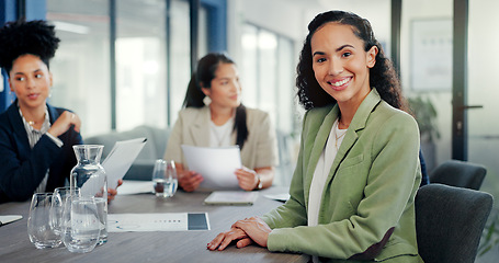 Image showing Business, happy woman and portrait in meeting with team, management and company. Young female worker smile at office table for planning, trust and motivation of vision, staff goals or startup support