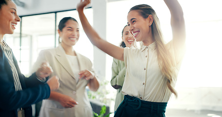 Image showing Business woman dance, celebration and staff dancing with a smile feeling happiness together. Management, company office growth and success of women with team building and motivation in a workplace