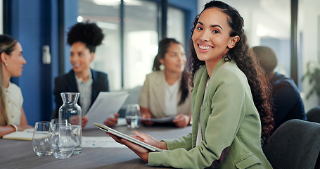 Image showing Business woman, portrait and tablet in meeting for online planning, strategy and internet search. Happy female worker working on digital technology for productivity, connection and happiness in team