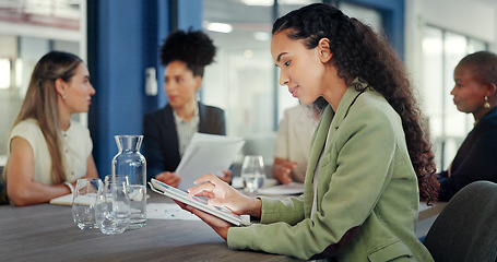 Image showing Business woman, portrait and tablet in meeting for online planning, strategy and internet search. Happy female worker working on digital technology for productivity, connection and happiness in team