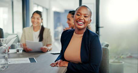 Image showing Meeting, happy and face of a business woman in discussion for a corporate project with her team. Collaboration, teamwork and portrait of a African female employee planning a strategy in the office.