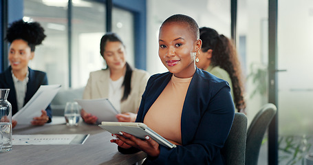 Image showing Business meeting, black woman and portrait with tablet for online planning, strategy and smile. Happy female worker working on digital technology for productivity, connection and happiness in startup