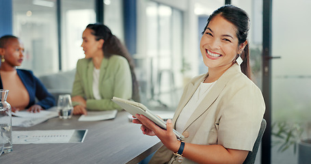 Image showing Business, woman and portrait with tablet in office for online planning, strategy and smile. Female worker working on digital technology for productivity, connection and happiness in startup company