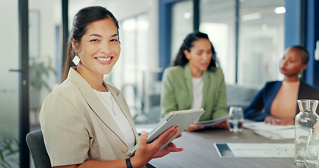 Image showing Business, woman and portrait with tablet in office for online planning, strategy and smile. Female worker working on digital technology for productivity, connection and happiness in startup company