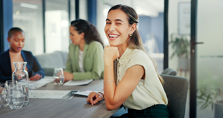 Image showing Business, happy woman and portrait in meeting with team, management and company. Young female worker smile at office table for planning, trust and motivation of vision, staff goals or startup support