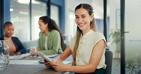 Image showing Woman, tablet and portrait in office meeting for online planning, strategy and smile. Happy female worker working on digital technology for productivity, connection and happiness in startup company