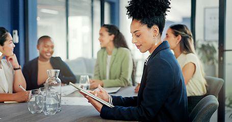 Image showing Black woman, tablet and portrait in office meeting for online planning, strategy and smile. Happy female worker working on digital technology for productivity, connection and happiness in company