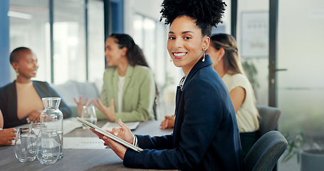 Image showing Black woman, tablet and portrait in office meeting for online planning, strategy and smile. Happy female worker working on digital technology for productivity, connection and happiness in company