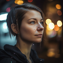 Image showing Natural, real person portrait and closeup of a woman, girl or female outside in nature or a forest. Artistic, edgy and cute or pretty face - AI generated