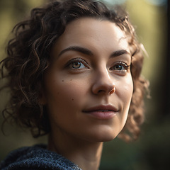 Image showing Natural, real person portrait and closeup of a woman, girl or female outside in nature or a forest. Artistic, edgy and cute or pretty face - AI generated