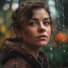 Image showing Natural, real person portrait and closeup of a woman, girl or female outside in nature or a forest. Artistic, edgy and cute or pretty face - AI generated