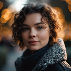 Image showing Natural, real person portrait and closeup of a woman, girl or female outside in nature or a forest. Artistic, edgy and cute or pretty face - AI generated