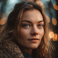 Image showing Natural, real person portrait and closeup of a woman, girl or female outside in nature or a forest. Artistic, edgy and cute or pretty face - AI generated