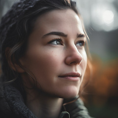 Image showing Natural, real person portrait and closeup of a woman, girl or female outside in nature or a forest. Artistic, edgy and cute or pretty face - AI generated