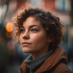 Image showing Natural, real person portrait and closeup of a woman, girl or female outside in nature or a forest. Artistic, edgy and cute or pretty face - AI generated