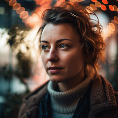 Image showing Natural, real person portrait and closeup of a woman, girl or female outside in nature or a forest. Artistic, edgy and cute or pretty face - AI generated