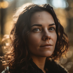 Image showing Natural, real person portrait and closeup of a woman, girl or female outside in nature or a forest. Artistic, edgy and cute or pretty face - AI generated