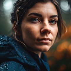 Image showing Natural, real person portrait and closeup of a woman, girl or female outside in nature or a forest. Artistic, edgy and cute or pretty face - AI generated