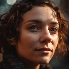 Image showing Natural, real person portrait and closeup of a woman, girl or female outside in nature or a forest. Artistic, edgy and cute or pretty face - AI generated