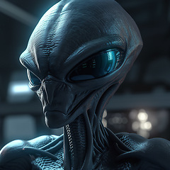 Image showing Alien attack or abduction or in a UFO space ship, visitor or scary world or universe with invasion, technology and martians. A close up or portrait of aliens for horror, strange and special effects.