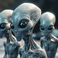 Image showing Alien attack or abduction or in a UFO space ship, visitor or scary world or universe with invasion, technology and martians. A close up or portrait of aliens for horror, strange and special effects.