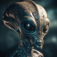 Image showing Alien attack or abduction or in a UFO space ship, visitor or scary world or universe with invasion, technology and martians. A close up or portrait of aliens for horror, strange and special effects.